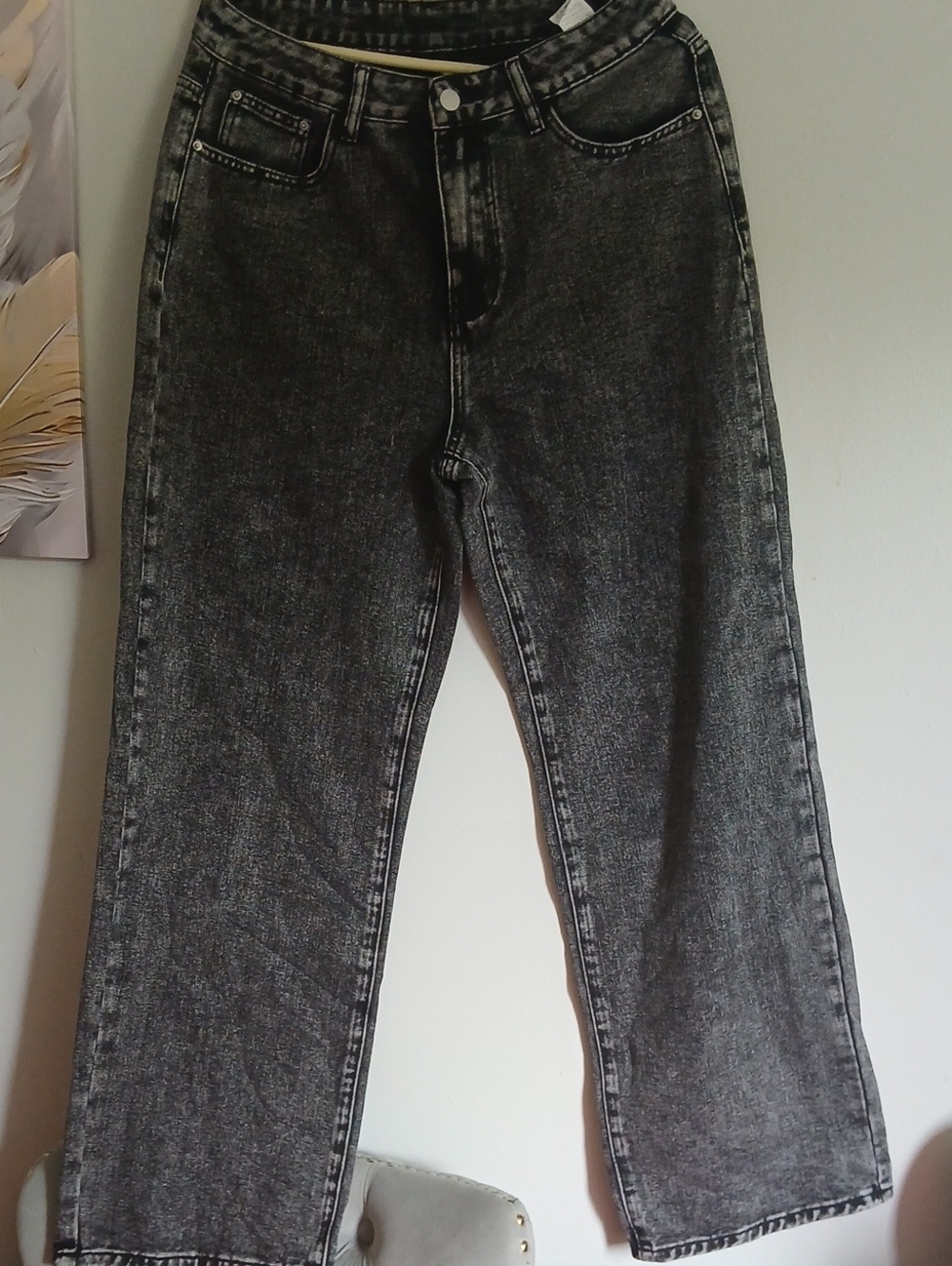 High-Waist Washed Black Straight-Leg Jeans